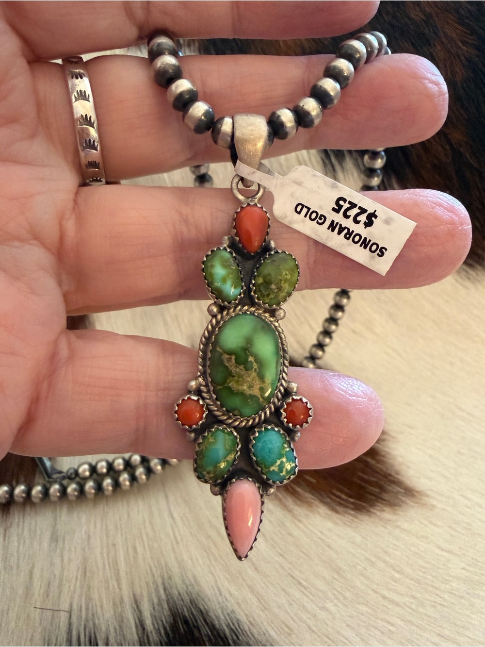 ❤️ Sonoran Gold Turquoise Pink Conch Red Coral MultiStone Matte Sterling Pendant